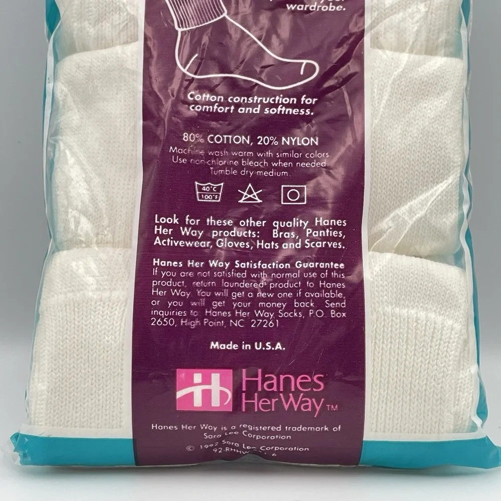 Vintage 1992 Hanes Her Way Double Cuff Socks Fashion 6 Pair White New Fits 5-9